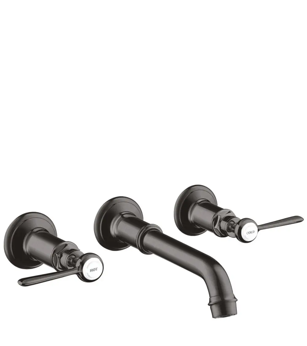 Waschtischarmatur für Wandmontage mit zwei Hebelgriffen für heiße und kalte Wasserregulierung. Auslauf in geschwungener Form. Design von AXOR.